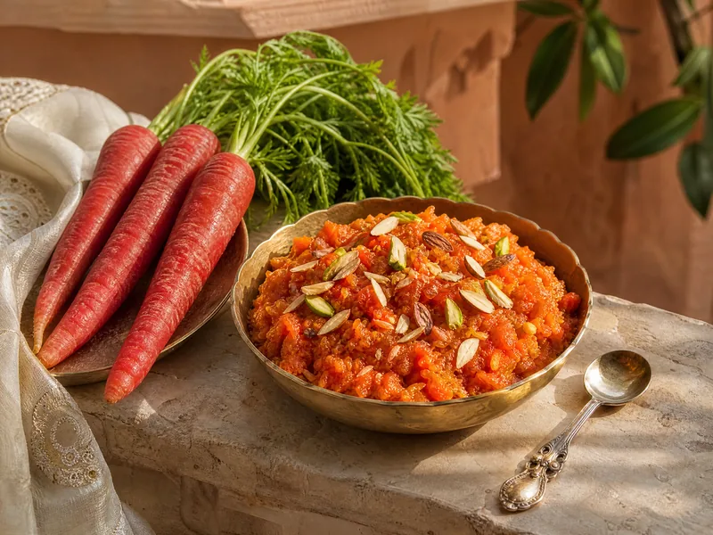 A brass bowl of glossy orange carrot halwa with almonds and pistachios, beside fresh red carrots.