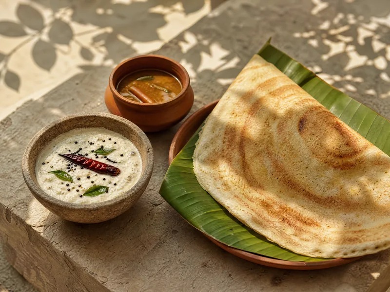 A stone bowl of white coconut chutney topped with mustard seeds, curry leaves and a red chilli, beside a folded dosa.
