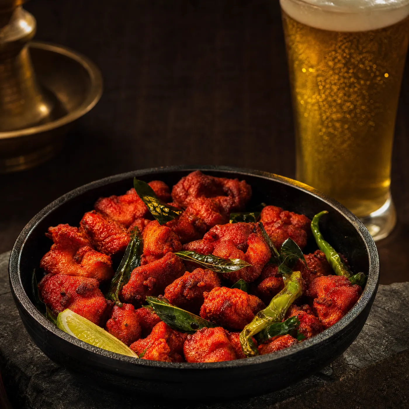 Chicken 65 with curry leaves and green chillies beside a lager.