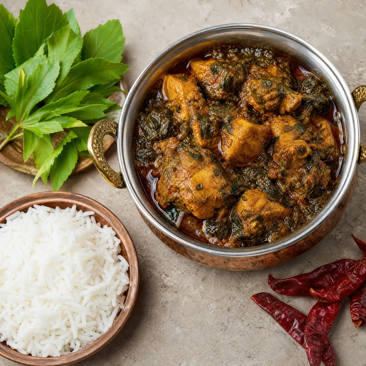 Gongura chicken curry in a copper kadai with steamed rice and dried red chillies.