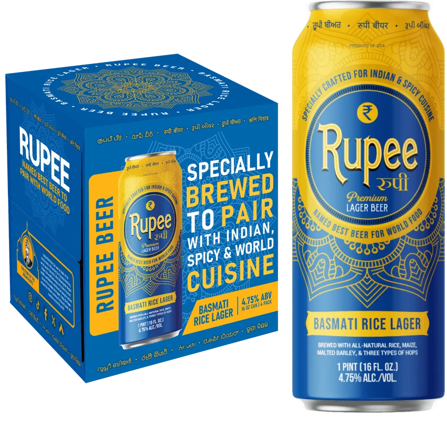 Rupee Basmati Rice Lager can and four-pack.